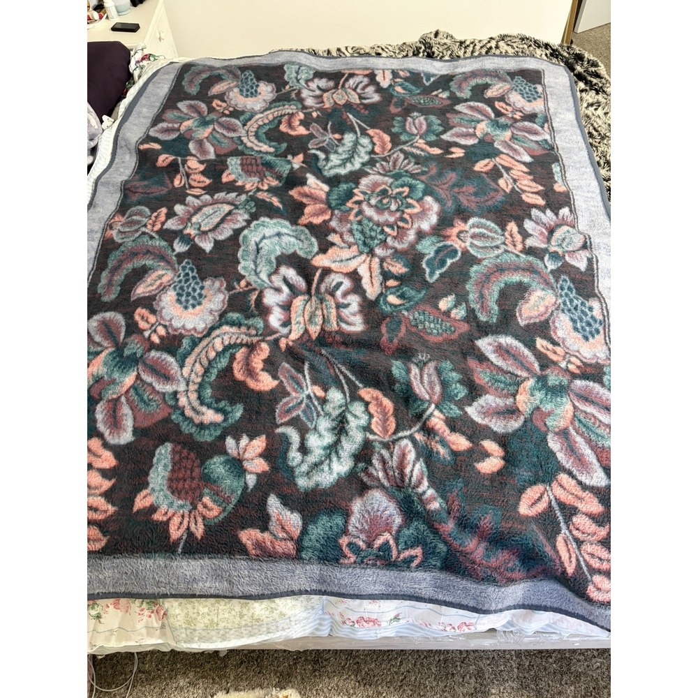 Vintage Biederlack Blanket Lt Blue Purple Pink Paisley Floral Cottagecore 74x58"